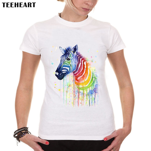 TEEHEART Watercolor Rainbow Zebra Print T shirt Women Lovely Style Hot Sale Shirt Comfortable Soft Women Tops PX642