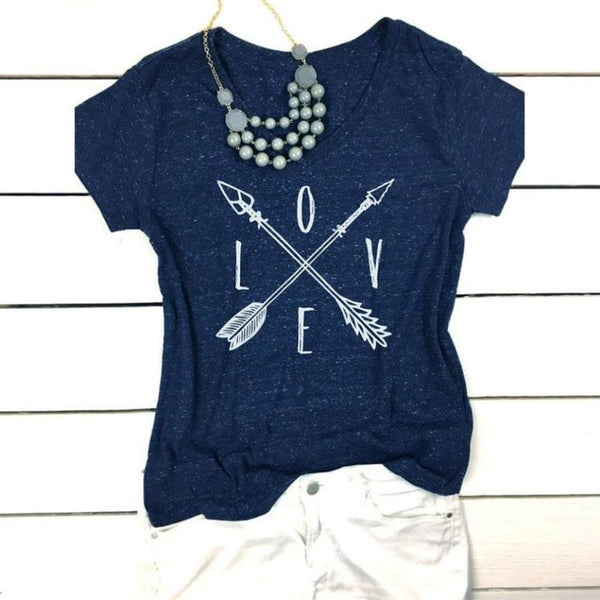 LOVE Letters Printed Shirt Sexy Women Cross Arrow Short Sleeve Casual Blusa Loose Cotton Black Grey Blue tee tops
