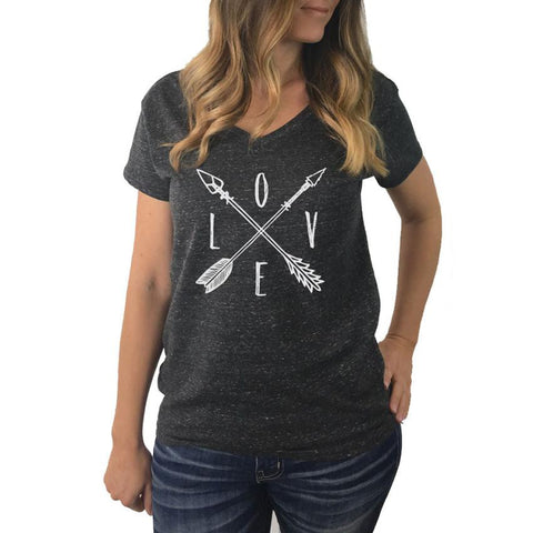 LOVE Letters Printed Shirt Sexy Women Cross Arrow Short Sleeve Casual Blusa Loose Cotton Black Grey Blue tee tops