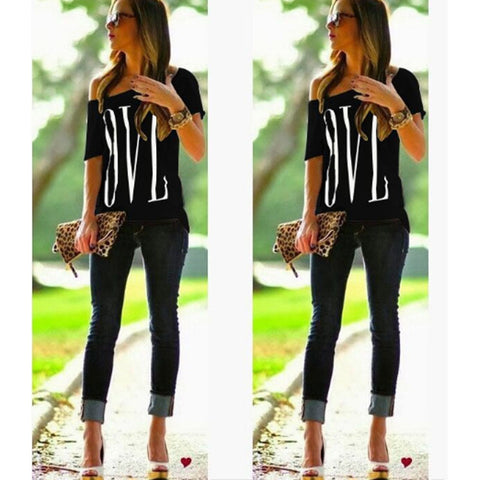 2016 New Style Slash Neck Print LOVE Letters Tops Strapless T Shirt For Women 4 colors plus size