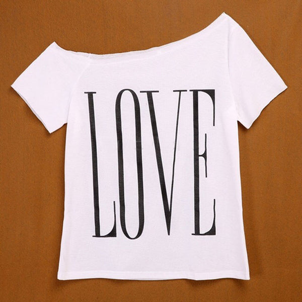 2016 New Style Slash Neck Print LOVE Letters Tops Strapless T Shirt For Women 4 colors plus size